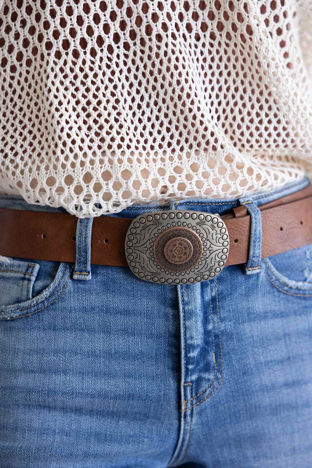 Roman Floral Buckle Belt for Women in Cognac/Silver