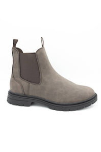 A single taupe-brown suede Chelsea boot with dark brown elastic side panels and a black lug sole, shown from a side profile on a white background.