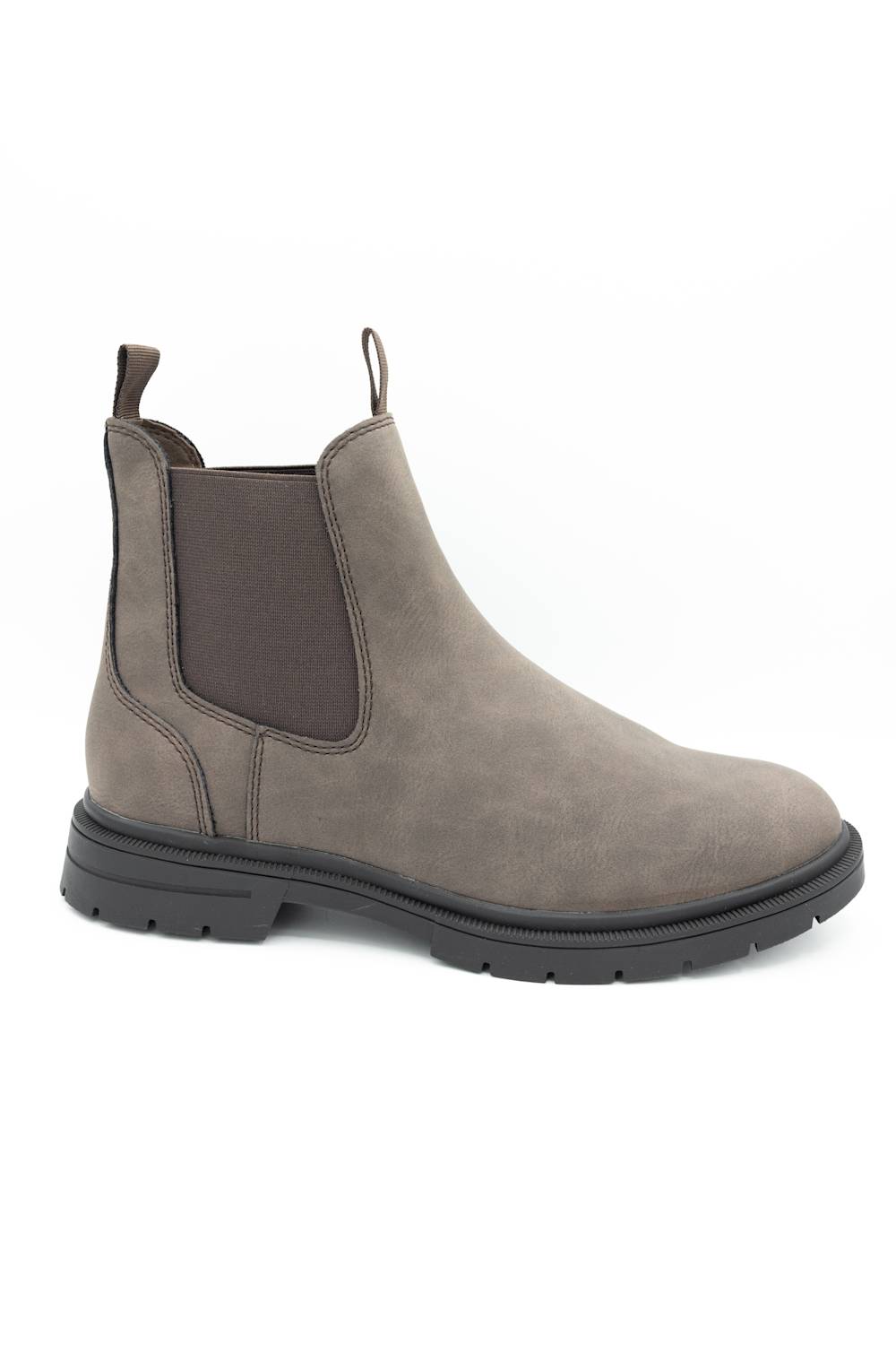 A single taupe-brown suede Chelsea boot with dark brown elastic side panels and a black lug sole, shown from a side profile on a white background.