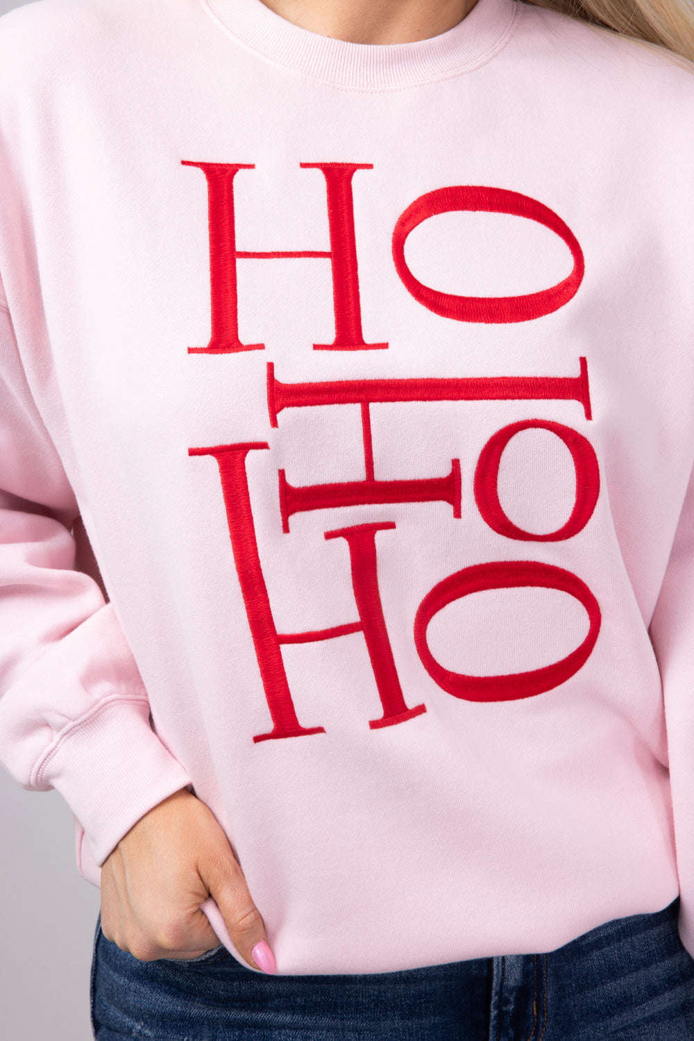 1897 Active HO HO HO Fleece Embroidered Sweatshirt for Women in Baby Pink