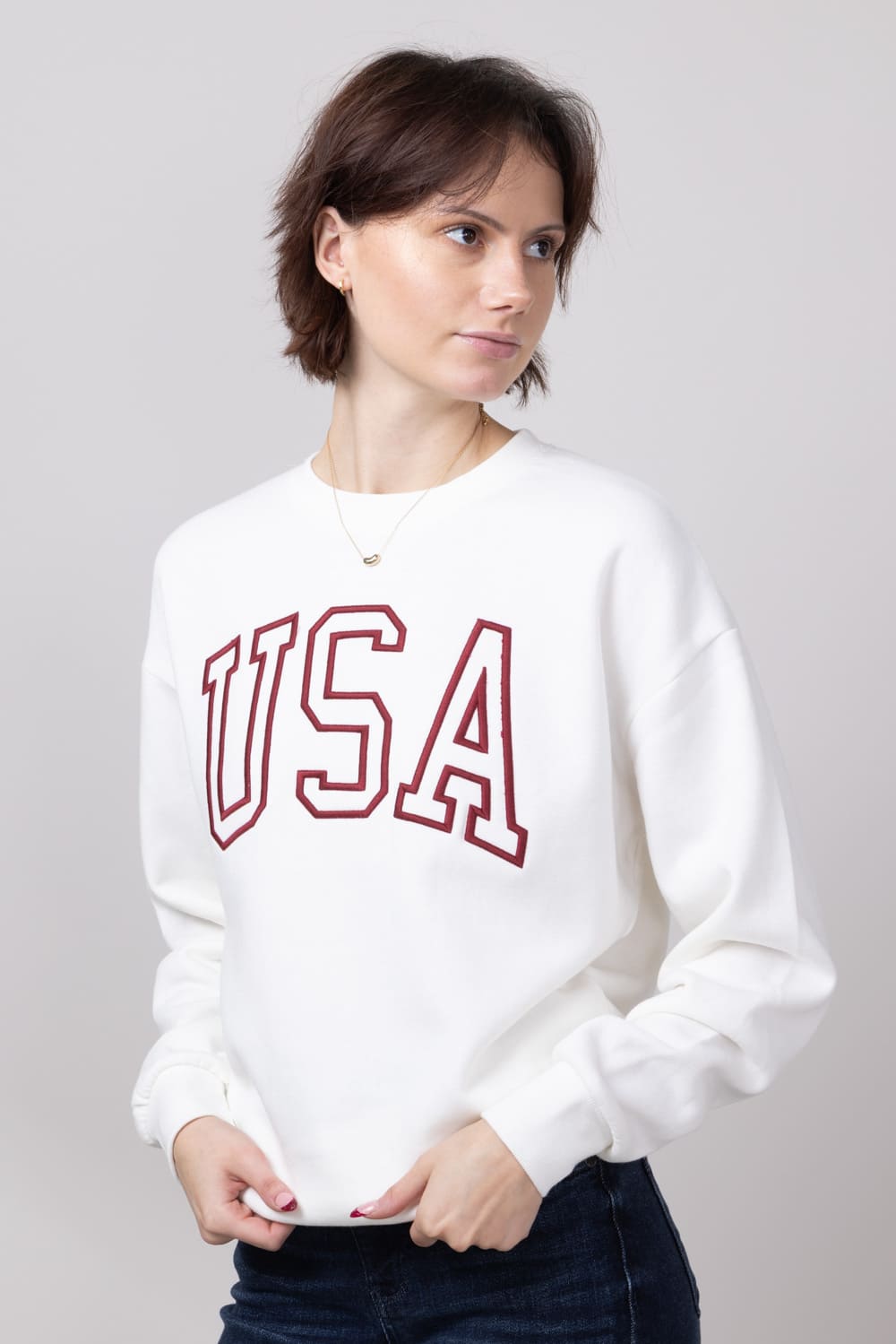 1897 Active USA Embroidered Fleece Sweatshirt for Women in Ivory