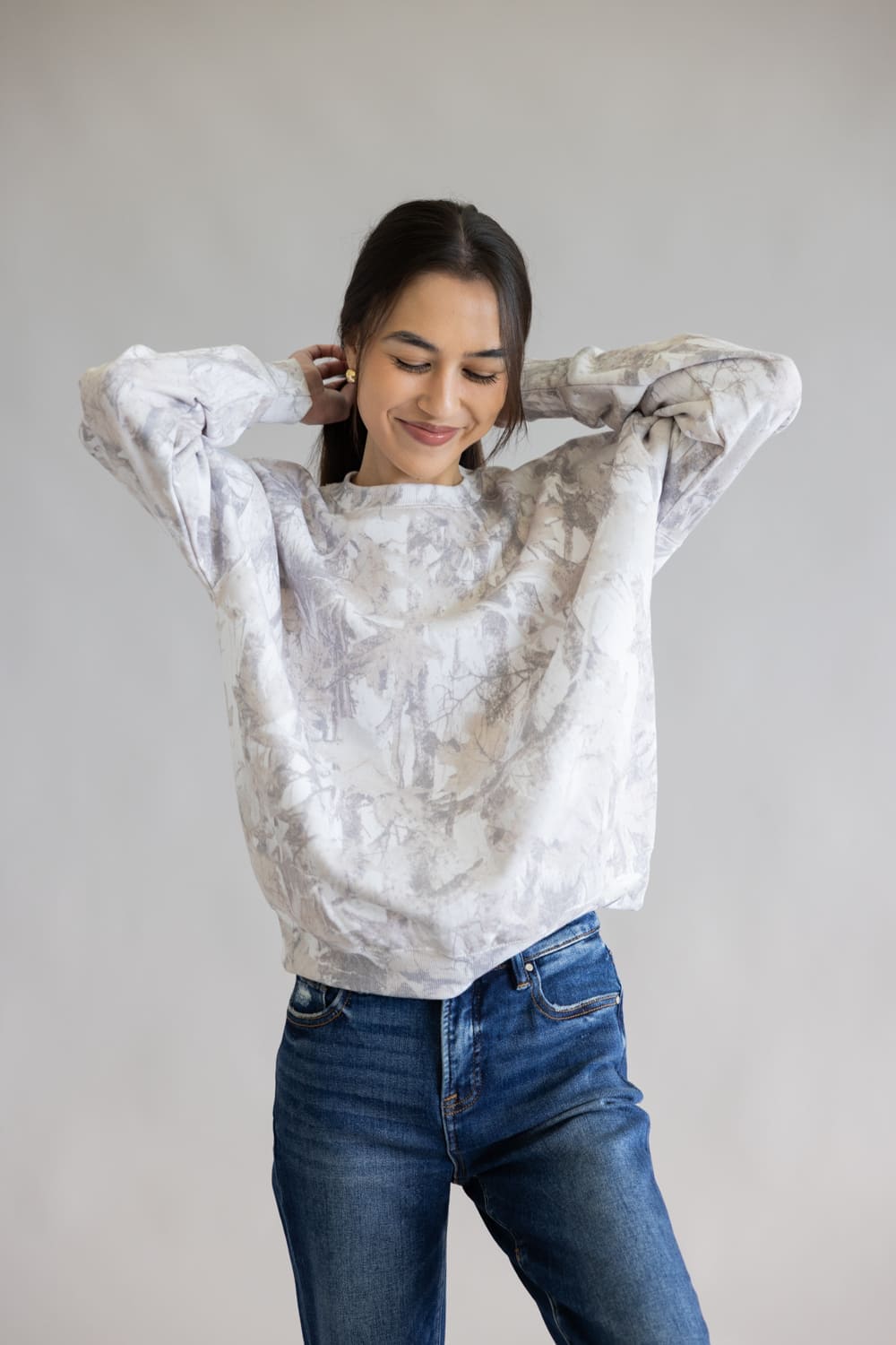 Relaxed Fit Fleece Sweatshirt for Women in Cream Camo