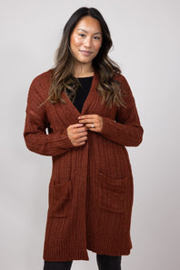 Ribbed Cardigan with Pockets for Women in Terracotta