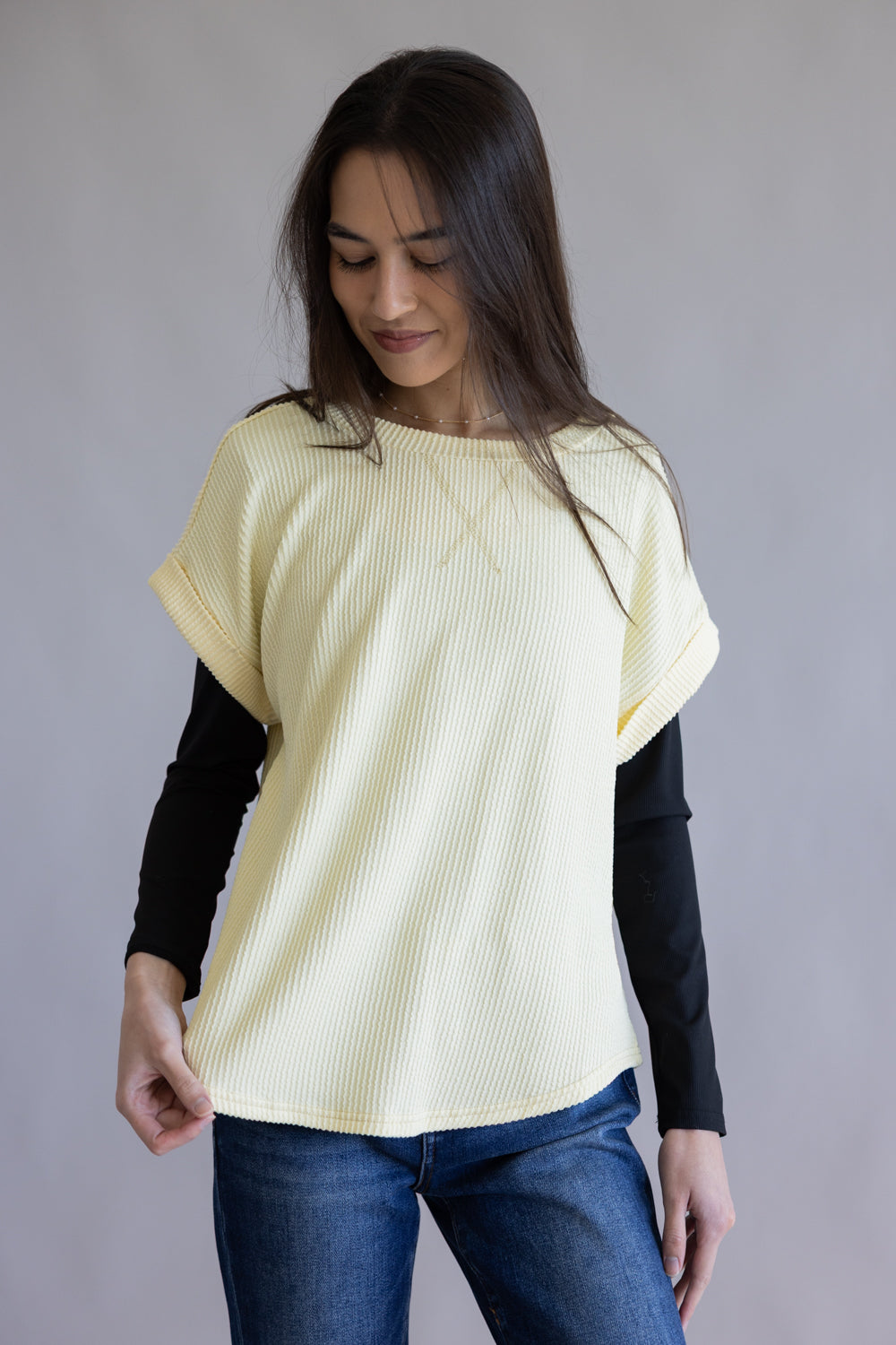 Ribbed Knit Top for Women in Butter Yellow | J5ST1019A-BUTTERYELLOW