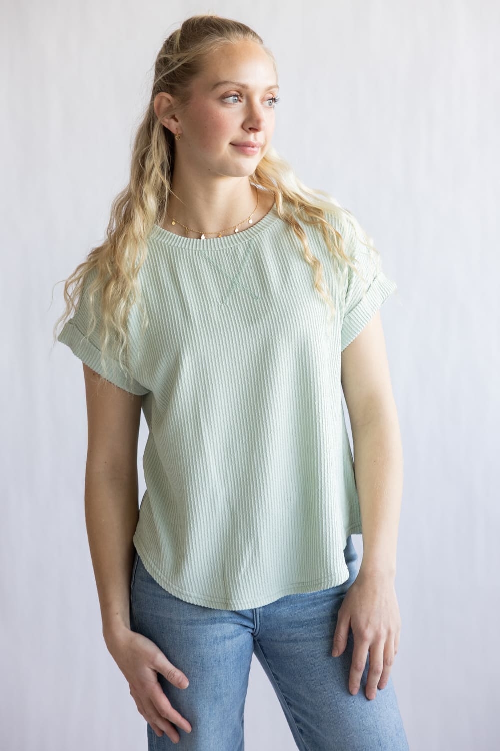 Ribbed Knit Top for Women in Dusty Mint