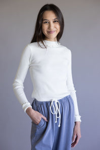 Ribbed Mock Neck Lettuce Hem Top for Women in White