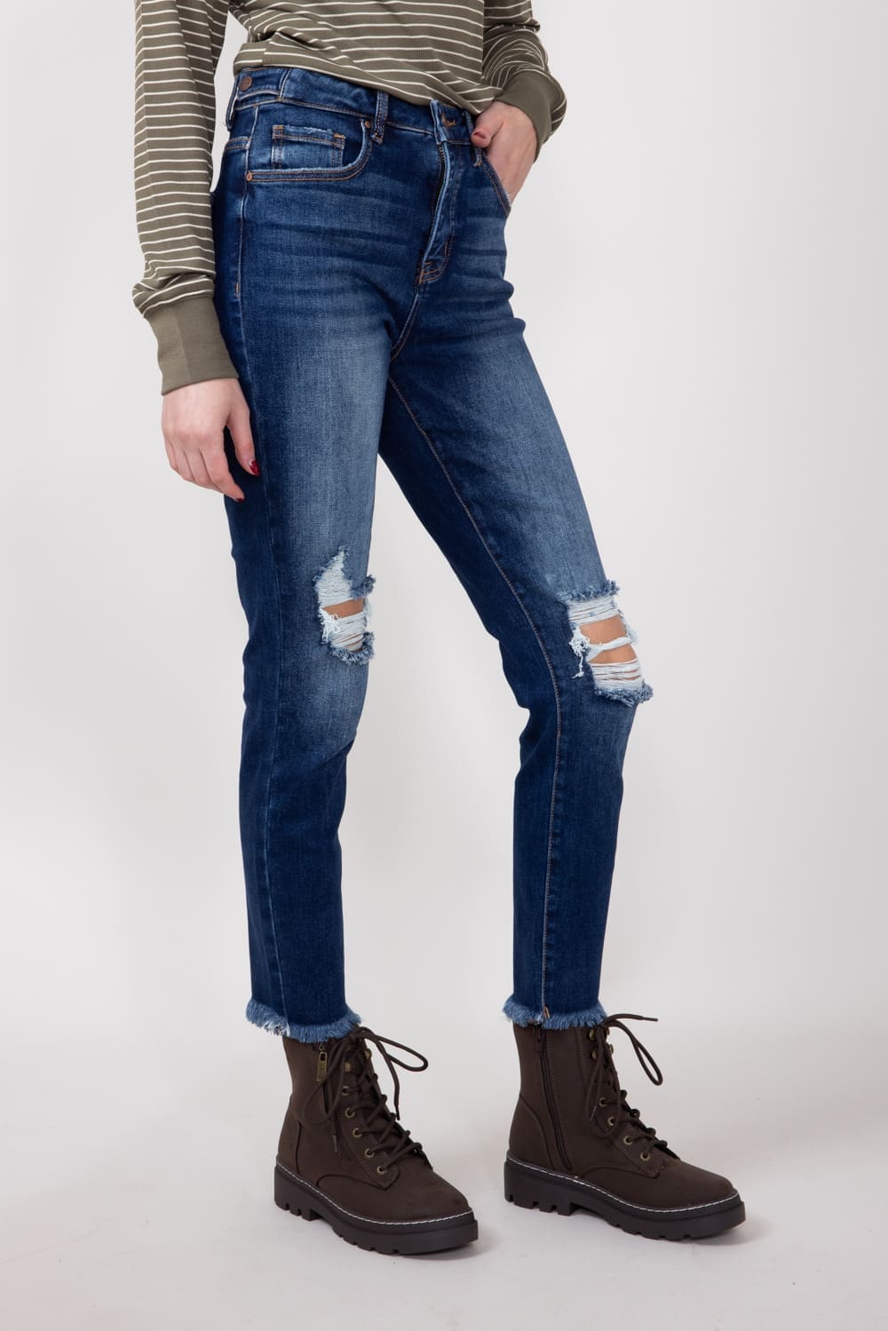 Risen Dark Wash High Rise Distressed Skinny Jeans for Women