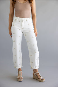 Risen High Rise Leaf Embroidered Barrel Jeans for Women in Cream