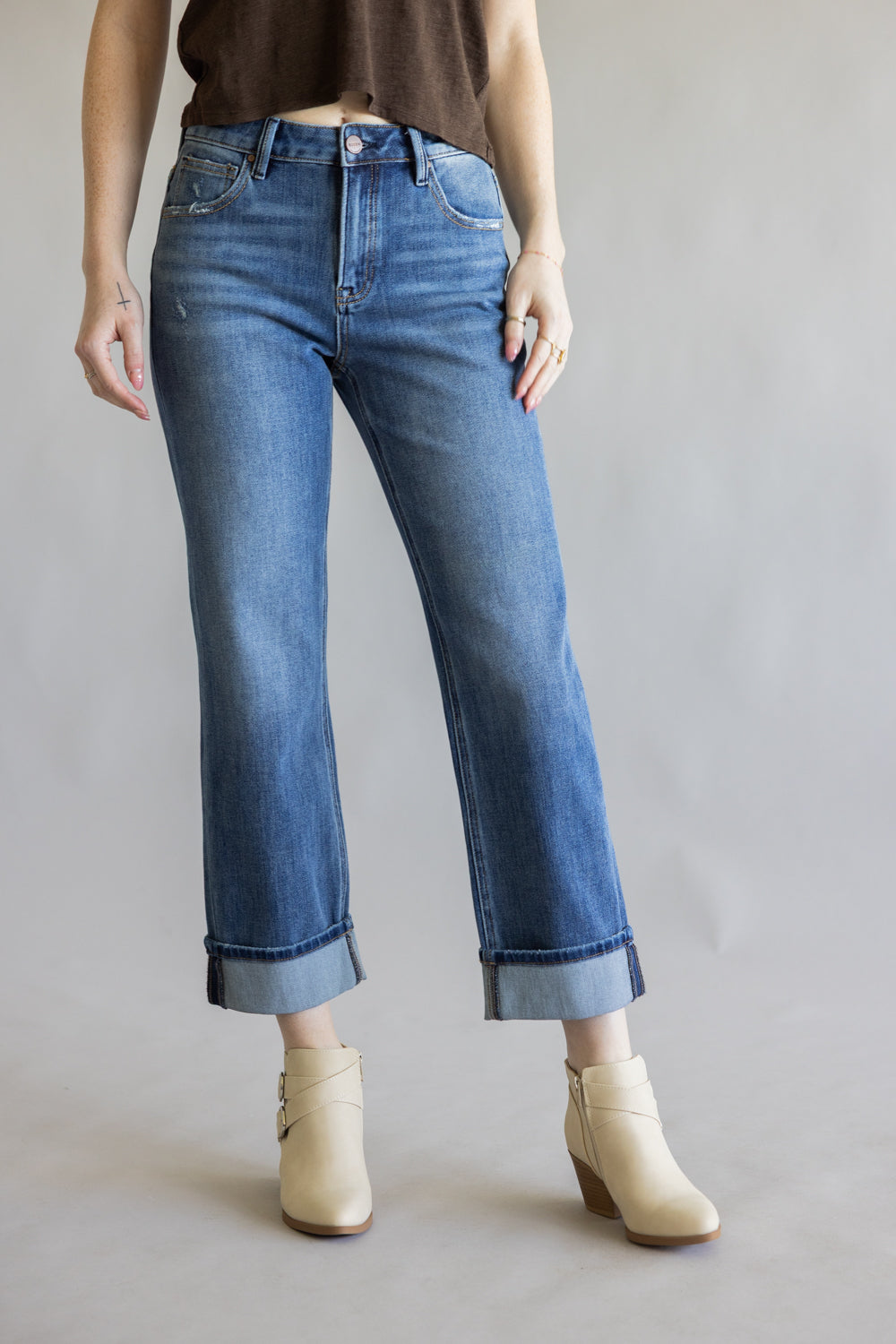 Risen Mid-Rise Relaxed Straight Leg Cuff Jeans for Women