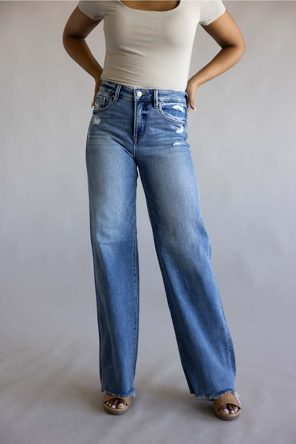 Risen Mid Rise Tummy Control Wide Leg Jeans for Women