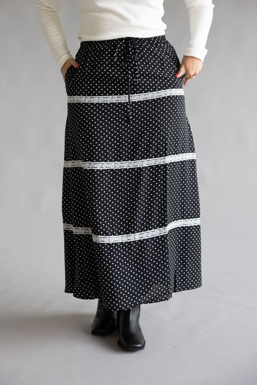 Rowan Polka Dot Tiered Maxi Skirt for Women in Black | PCS1037