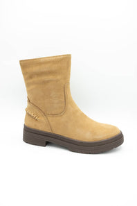 A tan suede ankle boot with a dark brown sole, shown from a side profile view against a plain white background.