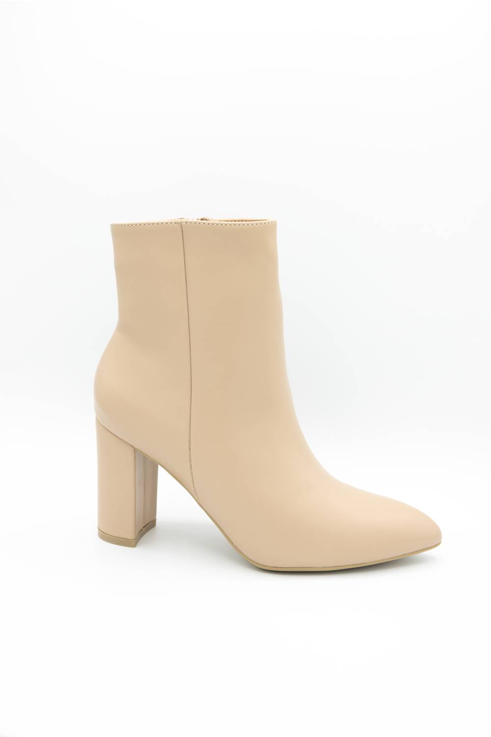 A single beige ankle boot with a block heel and pointed toe, shown from a side profile on a white background.