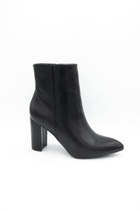 A single black leather ankle boot with a pointed toe and a chunky block heel, shown from a side profile on a white background.