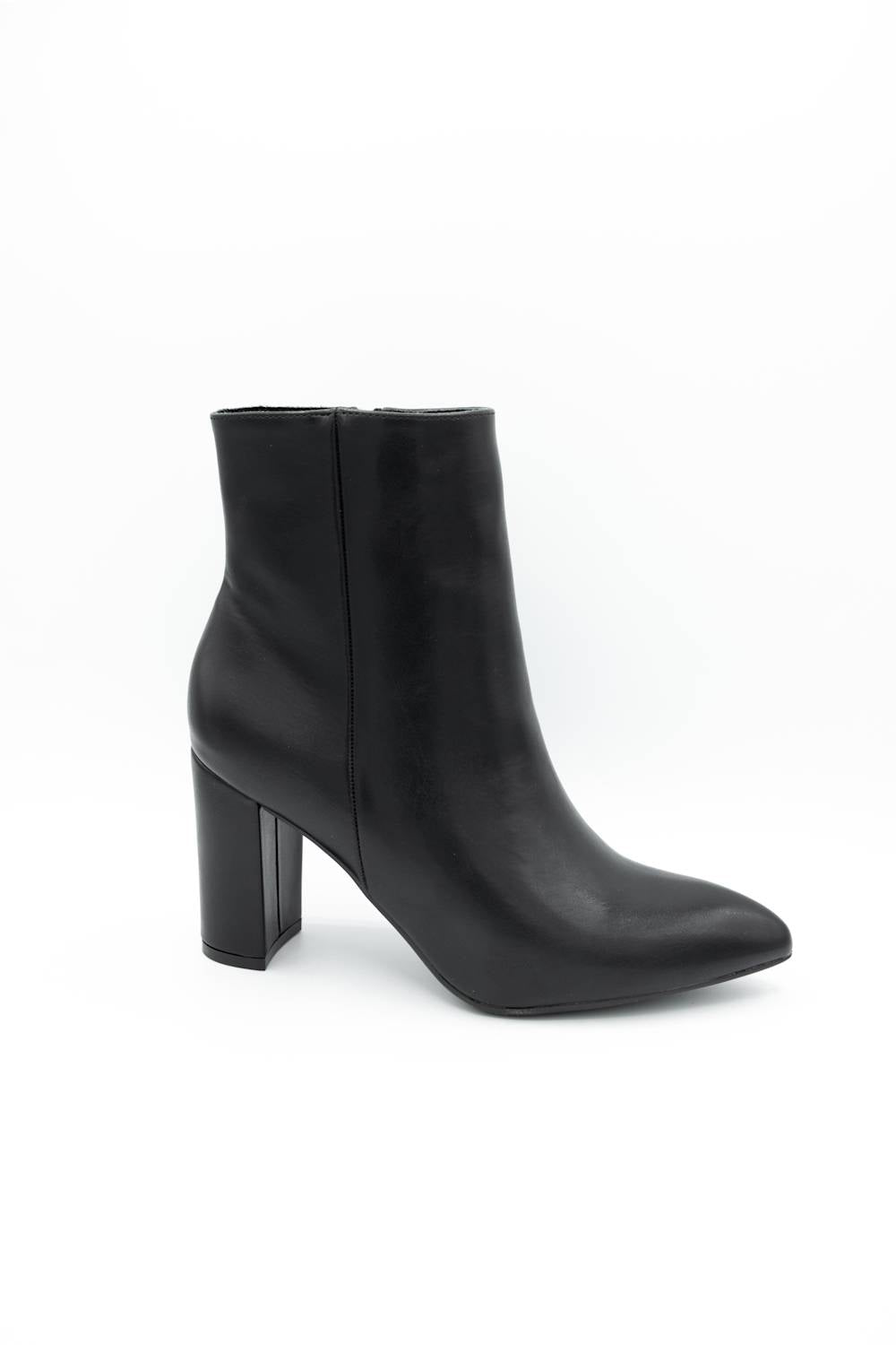 A single black leather ankle boot with a pointed toe and a chunky block heel, shown from a side profile on a white background.