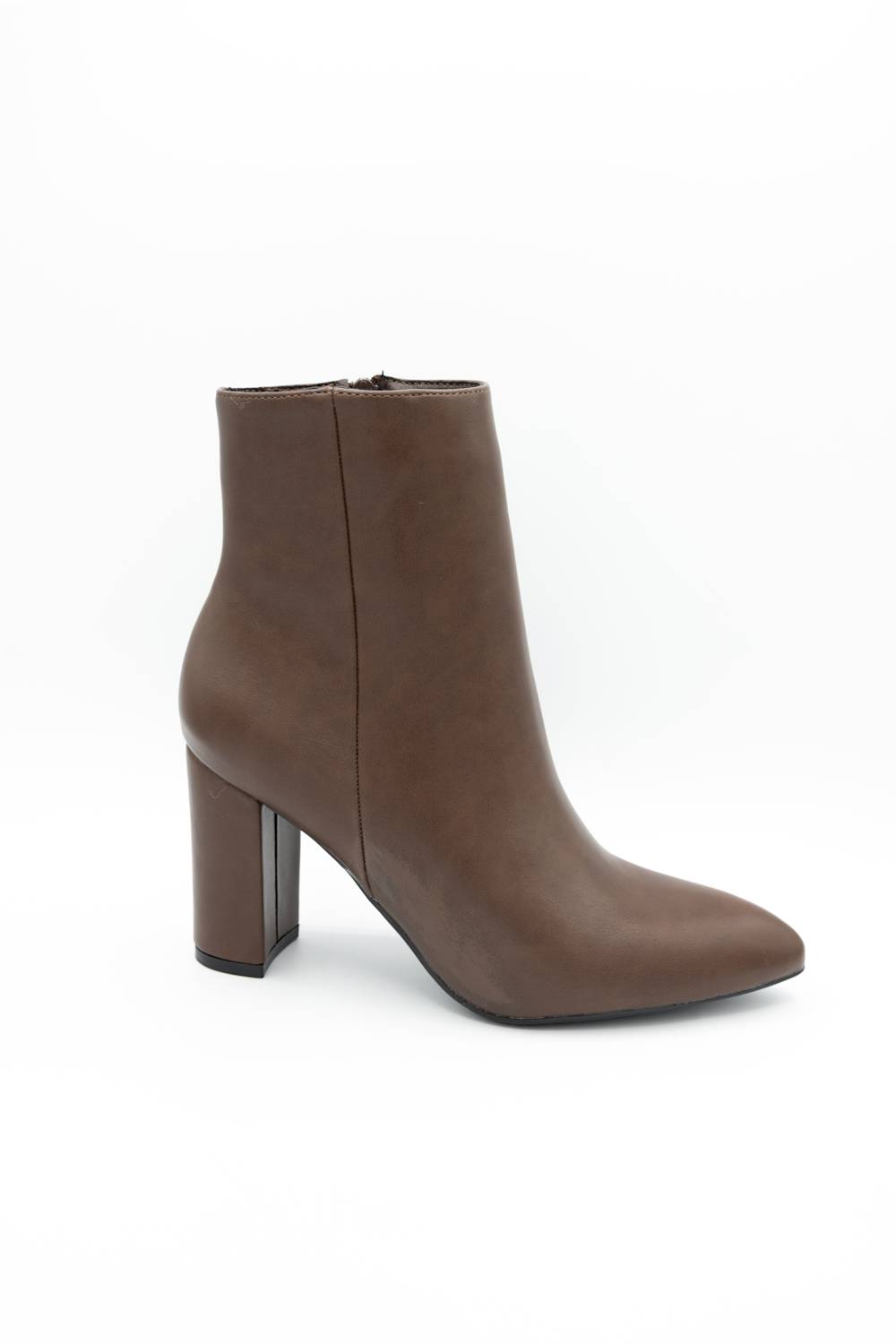 A brown faux-leather ankle boot with a pointed toe and a chunky block heel, shown from a side profile on a white background.