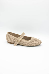 A single beige flat shoe with a perforated upper and a matching strap with a small gold buckle, shown on a white background.