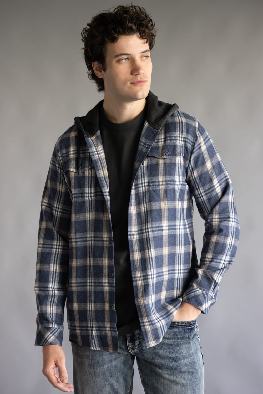 Hooded Plaid Flannel for Men in Washed Denim