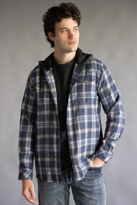 Hooded Plaid Flannel for Men in Washed Denim