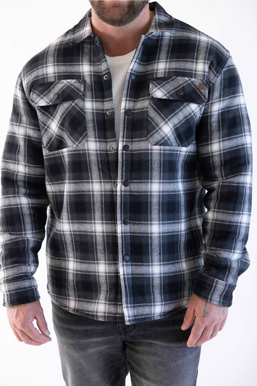 Sherpa button front shirt in a black plaid