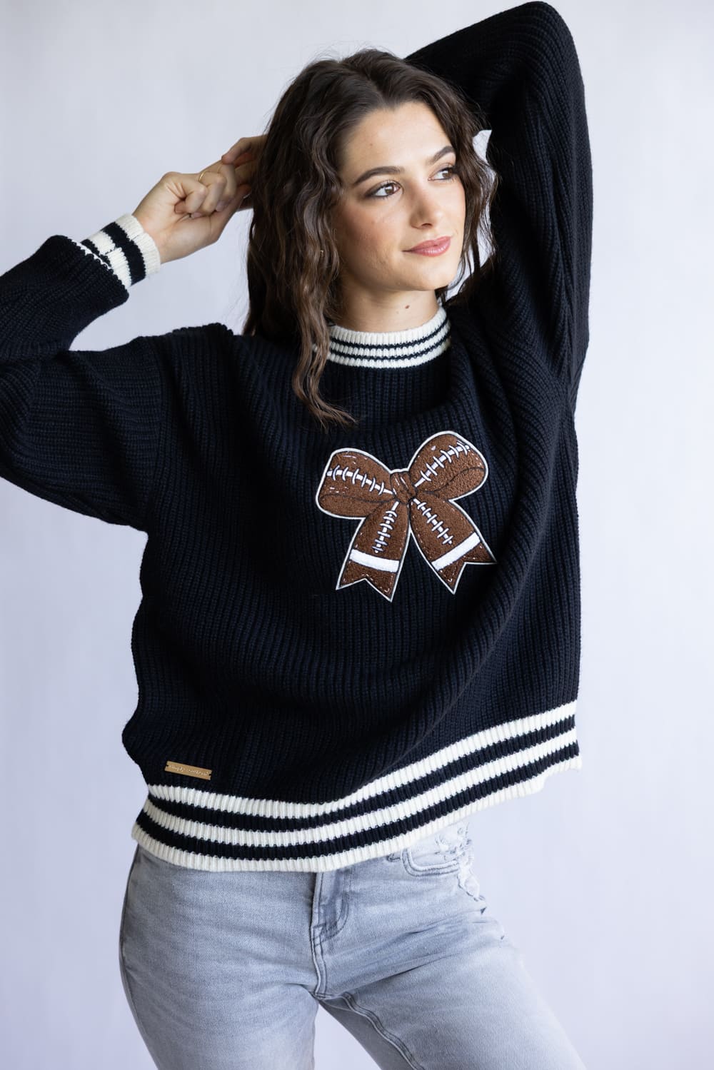 Simply Southern Harper Football Bow Sweater for Women in Black