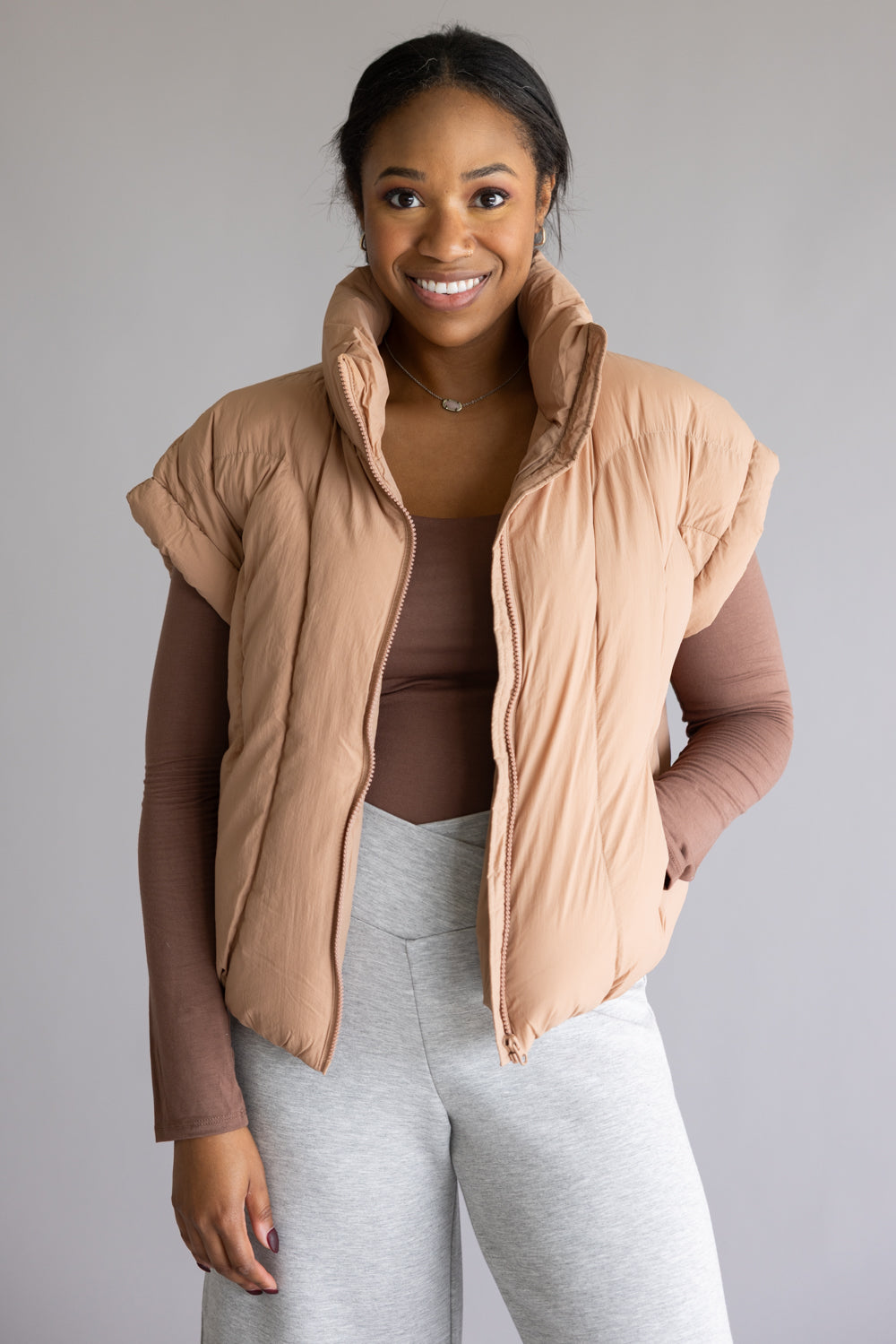 Simply Southern Lottie Puffer Vest for Women in Umber Brown