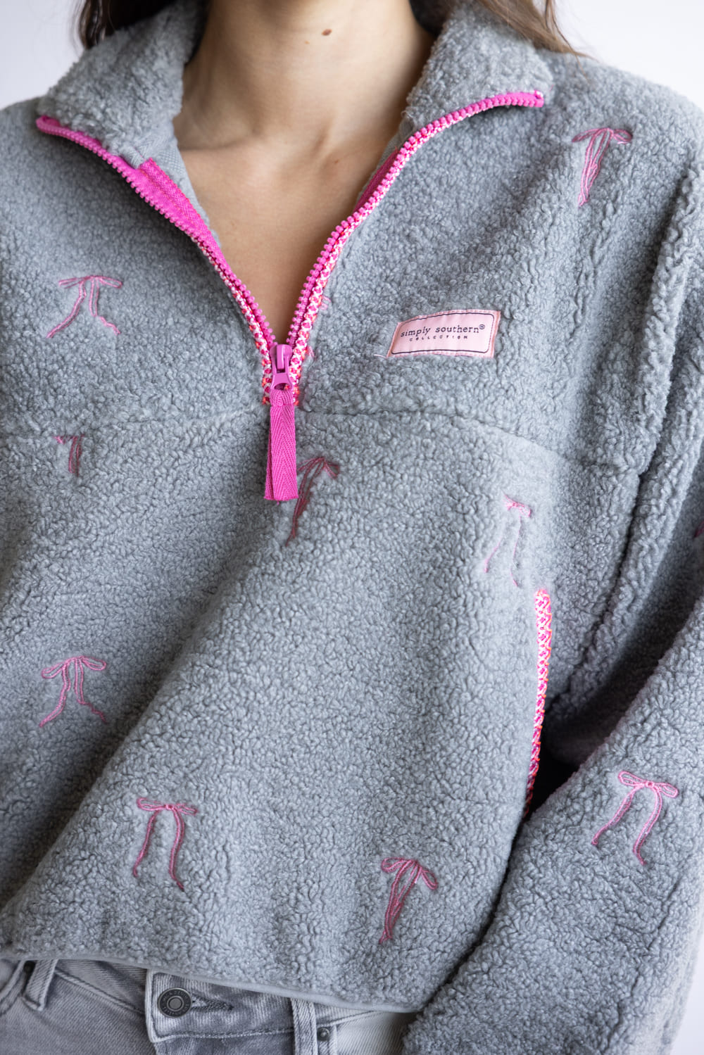 Simply Southern Taylor ½ Zip Pink Bows Pullover for Women in Grey
