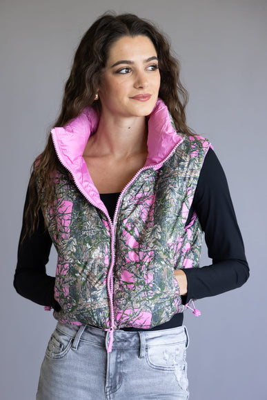 Simply Southern Cropped Puffer Vest for Women in Camo Pink