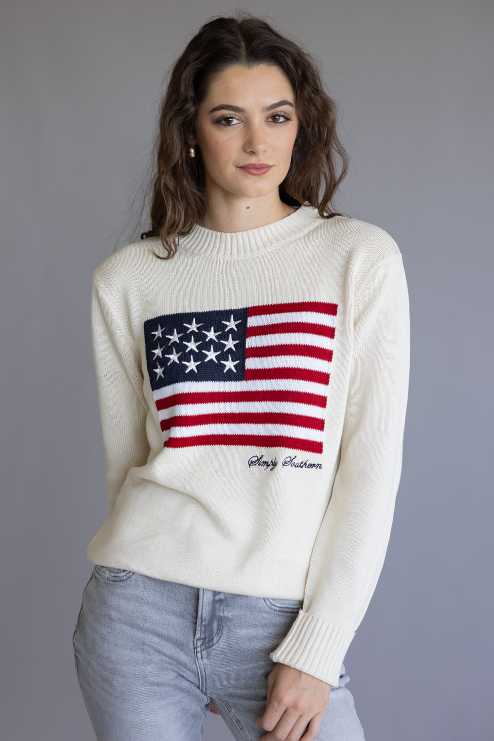 Simply Southern Preppy USA Flag Sweater for Women in Antique White