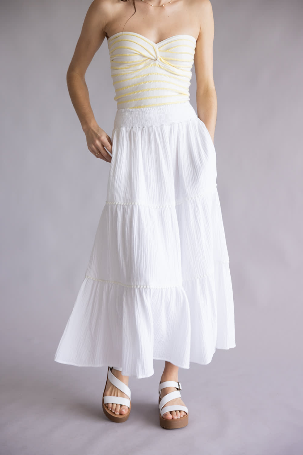 Smocked Waist Tiered Midi Skirt for Women in Off White