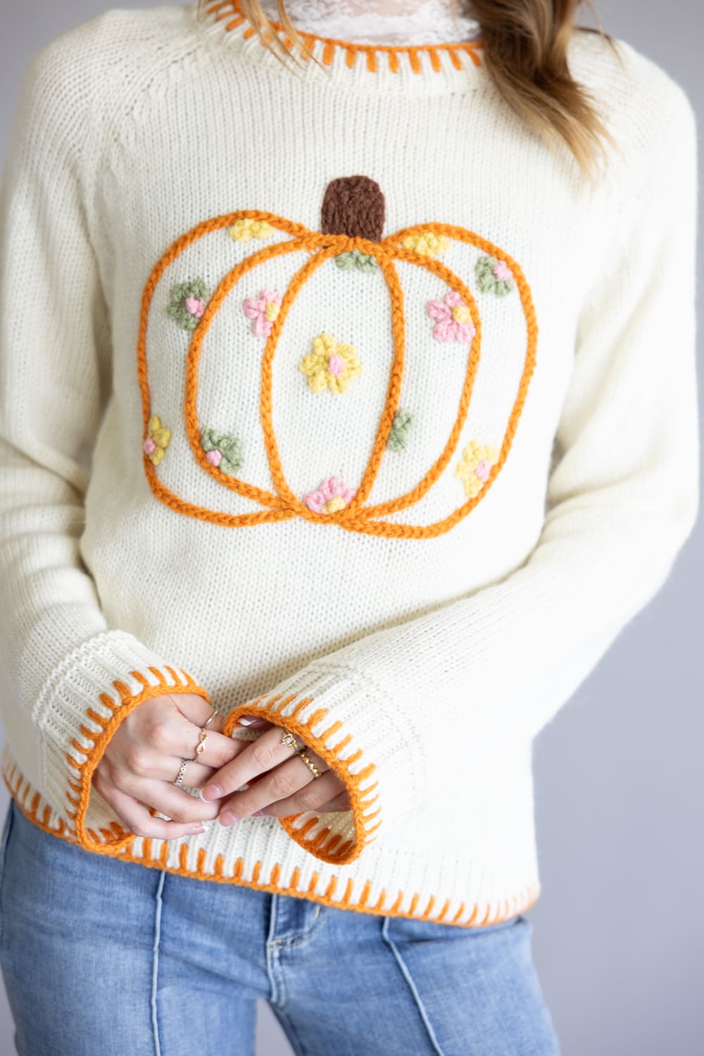 Embroidered Pumpkin Floral Blanket Stitch Sweater for Women in Ivory