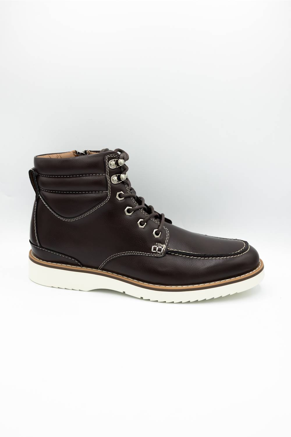 A dark brown leather lace-up ankle boot with silver metal eyelets and a thick white sole, shown from a side profile on a light gray background.