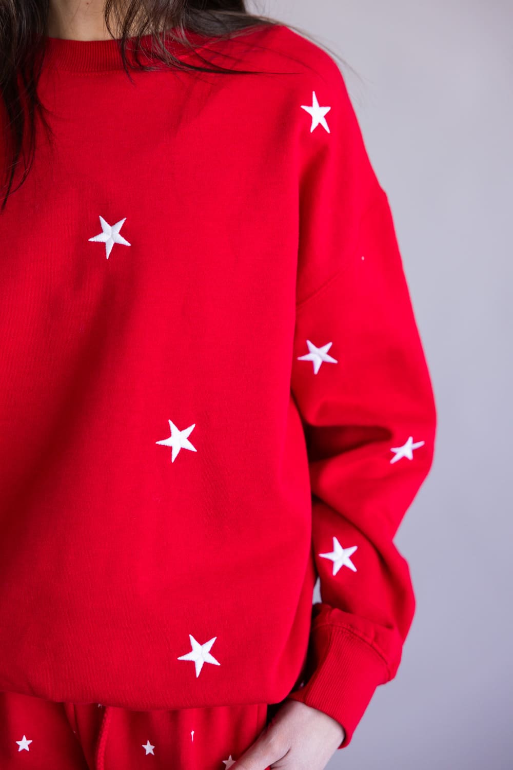 Star Embroidered Fleece Crewneck for Women in Red