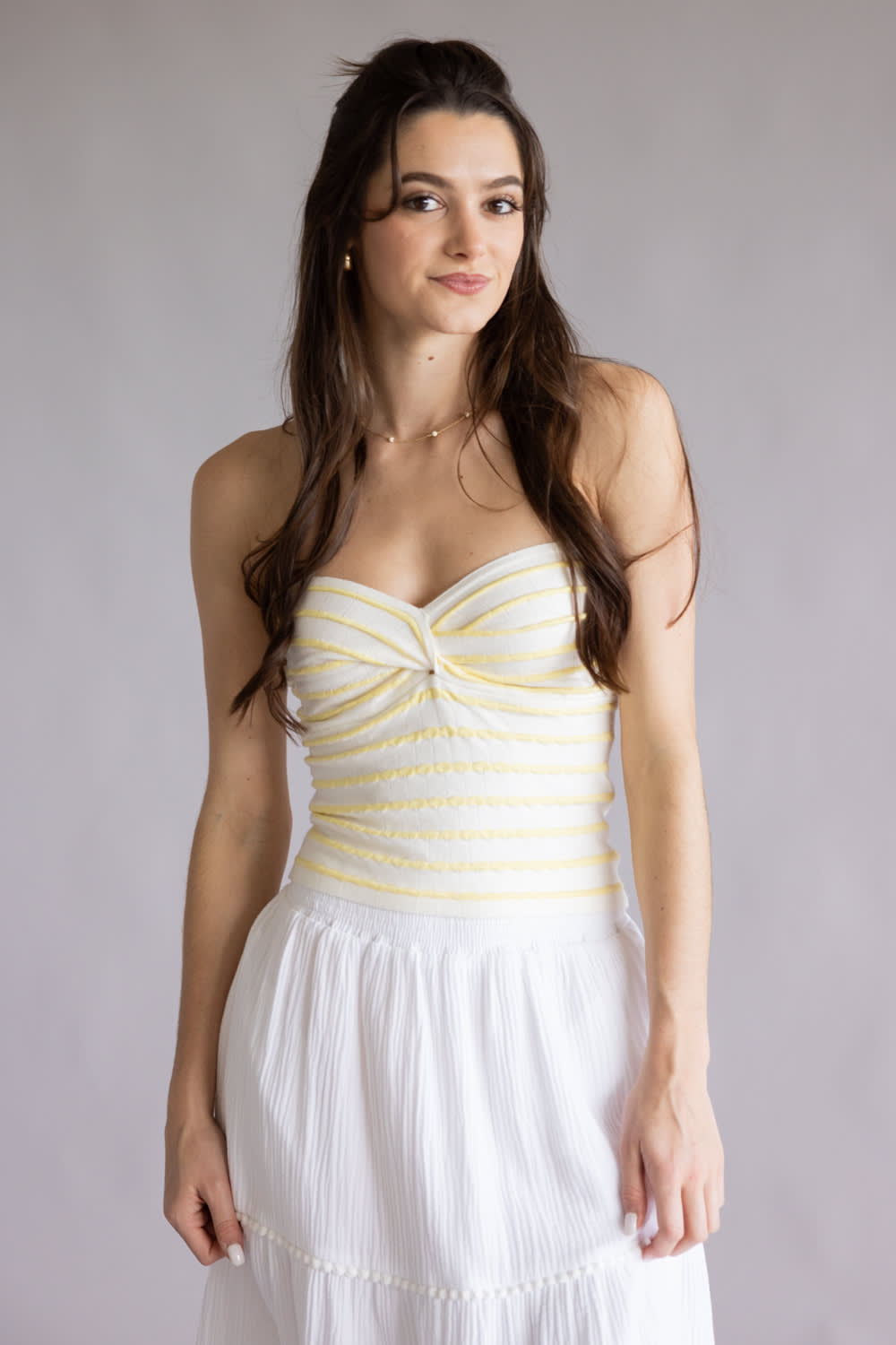 Stripe Twist Front Tube Top for Women in Yellow/White