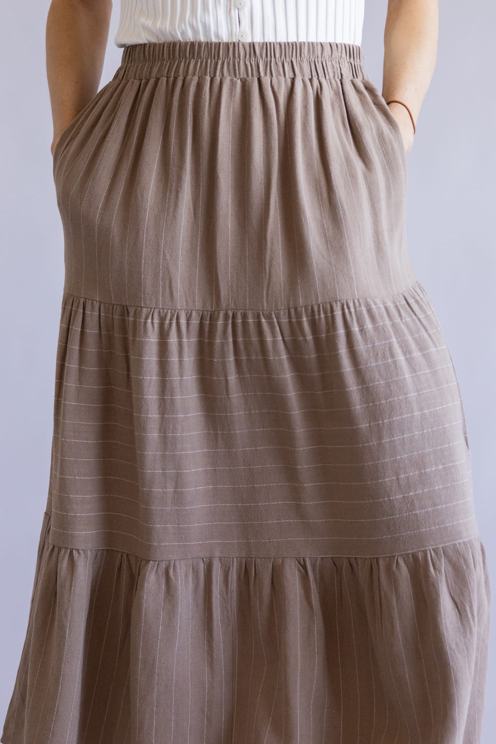 Stripe Tiered Maxi Skirt for Women in Mocha White
