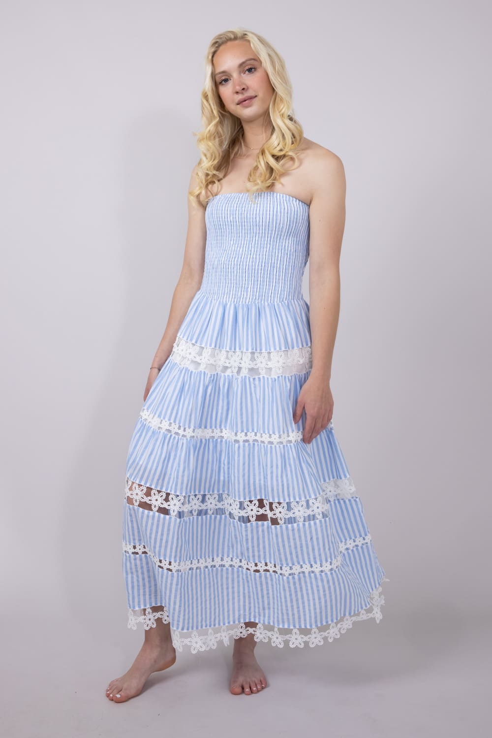 Eyelet Stripe Lace Strapless Midi Dress for Women in Blue