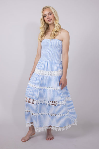 Eyelet Stripe Lace Strapless Midi Dress for Women in Blue | D-10435-H-BLU