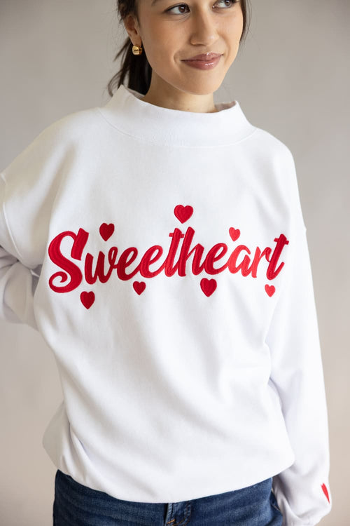 1897 Active Sweetheart Embroidered Mock Neck Sweatshirt for Women in White/Red