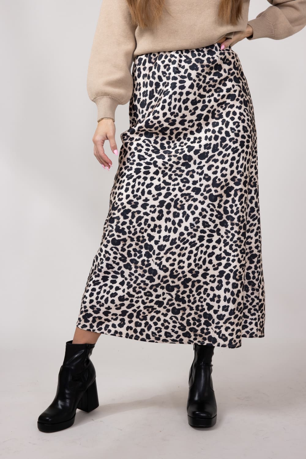 Satin Leopard Print Midi Skirt for Women in Animal Print