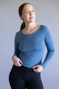 Seamless Double Layer Knit Top for Women in Blue Slate