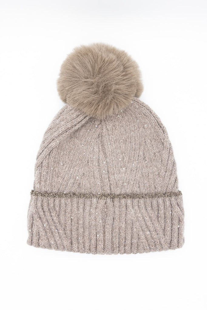 C.C. Sequin Pom-Pom Beanie for Women in Taupe | HTS0006-TPE – Glik's C.C. Sequin Pom-Pom Beanie for Women in Taupe | HTS0006-TPE – Glik's
