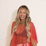 Sheer Crochet Swim Cover-Up Top for Women in Coral