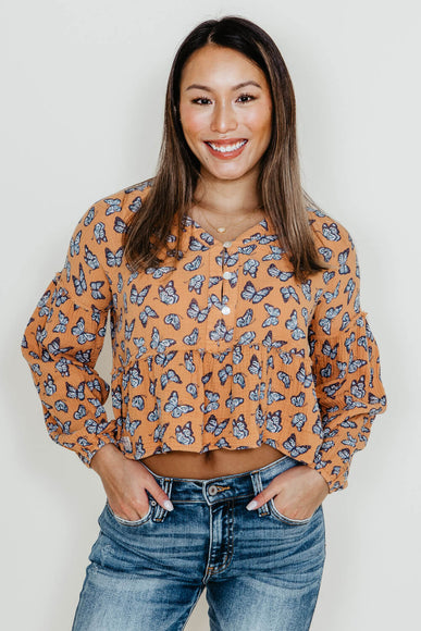 Womens Simply Southern Butterfly Button Top Crop Blouse for Women in Coral Orange 