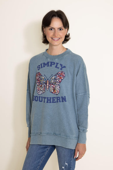 Simply Southern Butterfly Distressed Pullover for Women in Blue