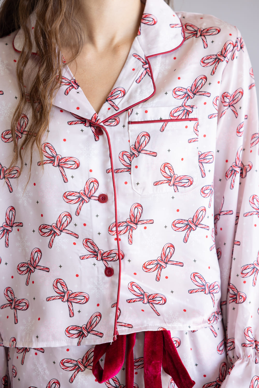 Simply Southern Candy Cane Bow Holiday Satin Pajama Set for Women in Pink