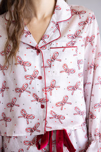 Simply Southern Candy Cane Bow Holiday Satin Pajama Set for Women in Pink