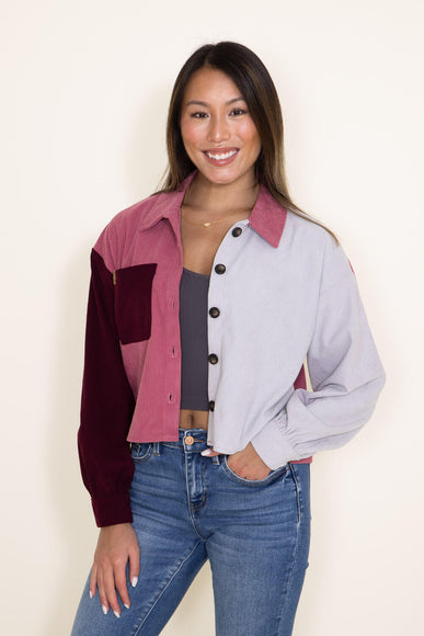 Womens Simply Southern Color Block Cropped Shacket for Women in Red Maroon