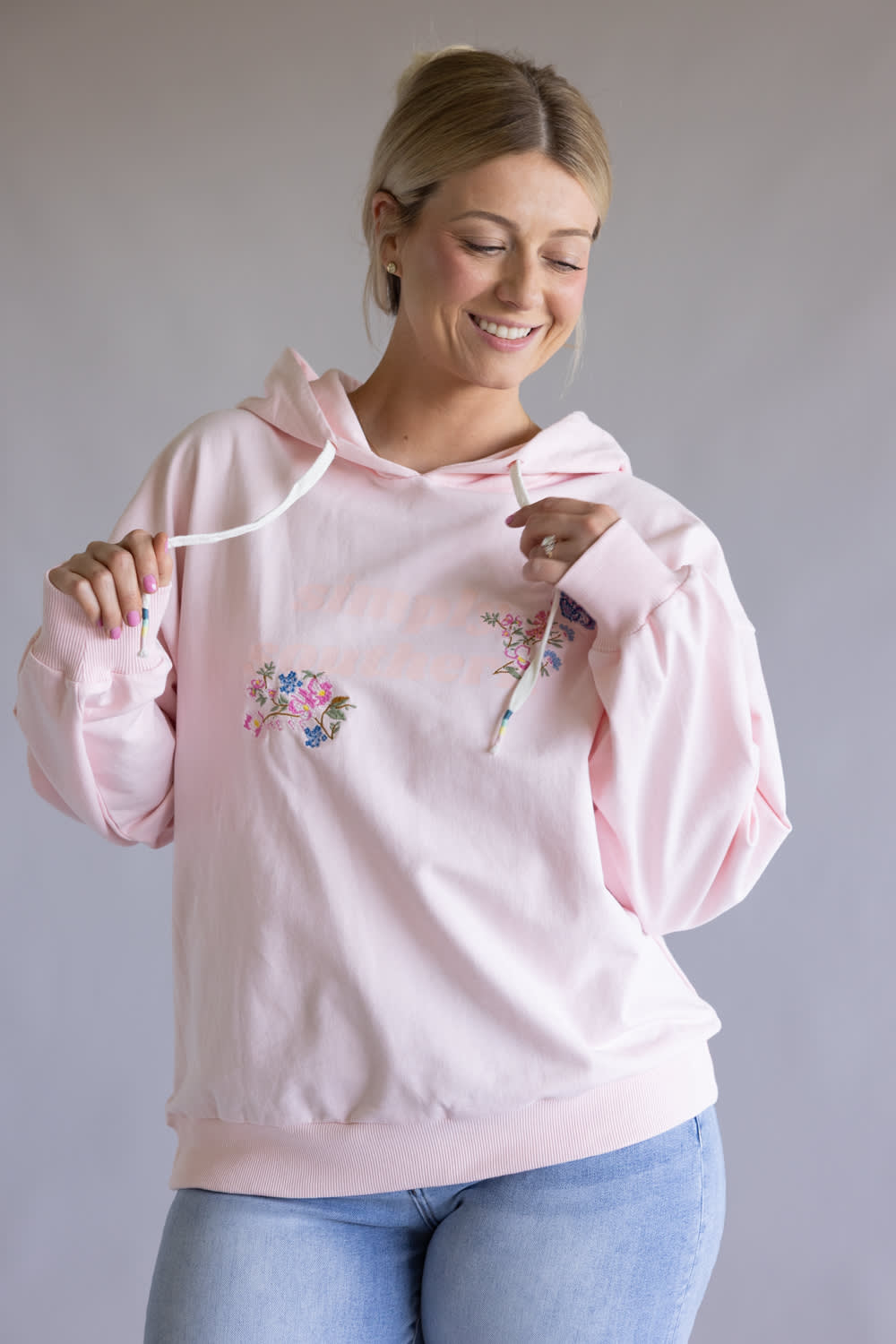 Simply Southern Embroidered Floral Hoodie for Women in Pink