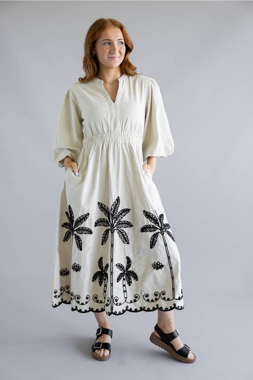 Simply Southern Embroidered Puff Sleeve Dress for Women in Linen