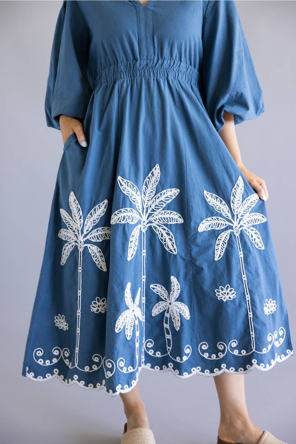 Simply Southern Embroidered Puff Sleeve Dress for Women in Navy